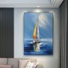Hand Painted Oil Painting Large Abstract Sailboat Canvas Wall Art Modern Nautical Painting Blue Seascape Painting Abstract Sailboat Canvas Art,Living