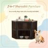35.5 Inch Wooden Dog Kennel End Table with  3-Position Dog Bowl Rack Storage Side Table for Pets