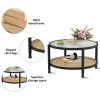 Rattan Round Coffee Table for Living Room, Boho Circle Table with Tempered Glass Desktop, Wood Farmhouse Accent Center Storage Table