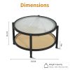 Rattan Round Coffee Table for Living Room, Boho Circle Table with Tempered Glass Desktop, Wood Farmhouse Accent Center Storage Table