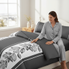3-Piece Charcoal Grey & White Botanical Quilt Set, Modern Leaf Vine Striped Bedspread with 2 Shams, Lightweight Reversible Coverlet, Easy Care Pet Fr